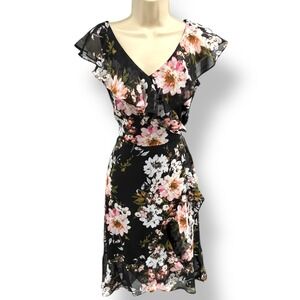 Black Floral Ruffle Midi Dress V Neck Petite 8P NWT Wedding Guest London Times